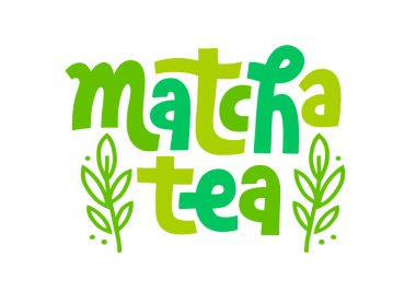 Matcha Logo Tasarımı. Çay ürünleri için yeşil yapraklı dekorasyon. El çizimi vektör kaligrafisi. Asya Japon içeceği. Yeşil çay içeceği. harf.