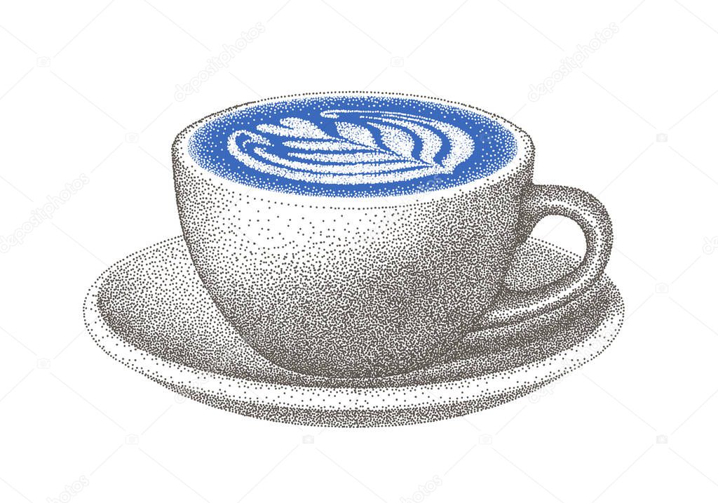 Blue latte. Butterfly pea matcha in cup on saucer. Realistic sketch. Blue tea drink with milk foam. Illustration, vintage style. Hand-drawn vector.