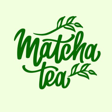 Matcha logo tasarımı. Dal yeşili yapraklarla süslenmiş. Çay ürünü için el çizimi vektör kaligrafisi. Japon içeceği. Yeşil çay..