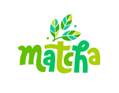 Matcha Logo Tasarımı. Çay ürünleri için yeşil yapraklı dekorasyon. El çizimi vektör kaligrafisi. Asya Japon içeceği. Yeşil çay içeceği. harf.