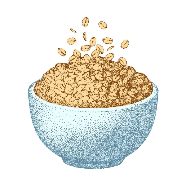 Cuenco de granola. Taza de desayuno de avena, gachas de avena. Cereales, dieta saludable, hojuelas de muesli. Boceto vectorial. Ilustración vintage realista. — Archivo Imágenes Vectoriales