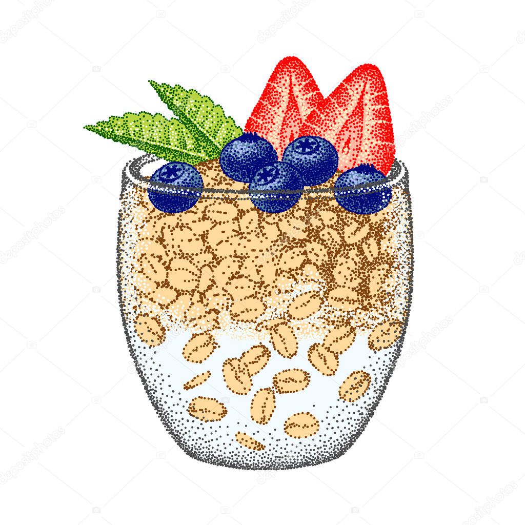 Granola yogurt in glass with strawberries, blueberries, mint leaves. Oatmeal healthy breakfast, oat grain porridge. Cereal food, muesli flakes. Vector sketch. Realistic illustration. Parfait dessert.