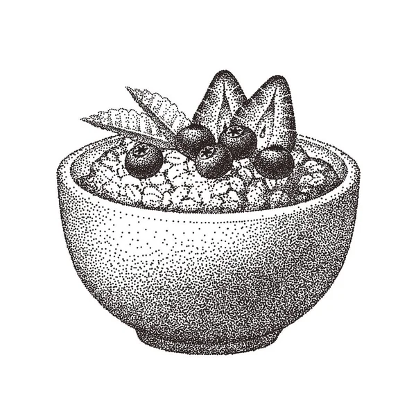 Çilekli granola, yaban mersini, nane yaprağı. Meyveli, yulaf lapalı sağlıklı kahvaltı. Mısır gevreği, müsli gevreği. Vektör çizimi. Gerçekçi çizim.