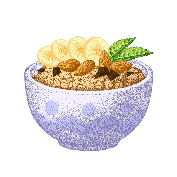 Müsli Schüssel Mit Banane Mandelnüssen Schokolade Minzblättern Haferflocken Gesundes Frühstück — Stockvektor