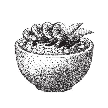 Muzlu, bademli fındıklı, çikolatalı, nane yapraklı granola. Meyveli, yulaf lapalı sağlıklı kahvaltı. Mısır gevreği, müsli gevreği. Vektör çizimi. Gerçekçi çizim.