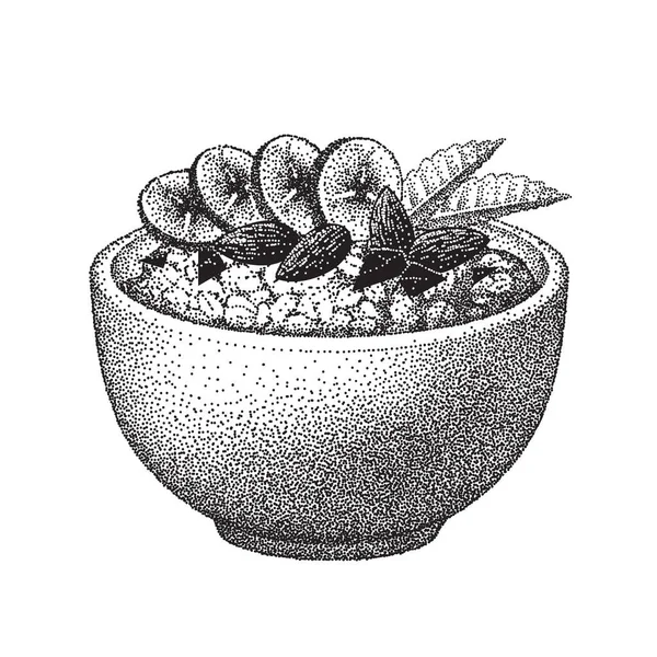 格拉诺拉在碗里 巧克力 薄荷叶 燕麦健康早餐 燕麦粥 谷类食品 玉米片 矢量草图 现实的例证 — 图库矢量图片