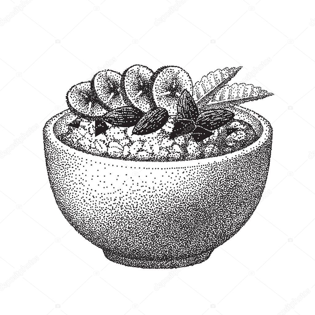 Granola in bowl with banana, almond nuts, chocolate, mint leaves. Oatmeal healthy breakfast with fruits, oat grain porridge. Cereal food, muesli flakes. Vector sketch. Realistic illustration.