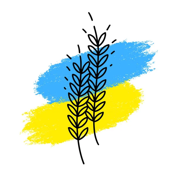 Ukrayna tahılı. Dikenli hat simgesi. Ukrayna bayrağı renklerinde çivili ve buğday taneleri. Un temasının vektör tasarımı. Yemek krizi. Tarım, hasat sembolü ve düz tabela şablonu.