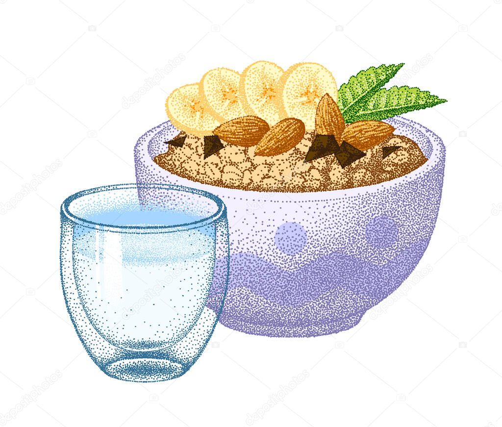 Granola yogurt. Oat grain in bowl. Oatmeal healthy breakfast. Porridge and sour milk drink in glass. Cereal, healthy food diet, muesli flakes. Plant ingredient. Realistic detailed illustration. Sketch