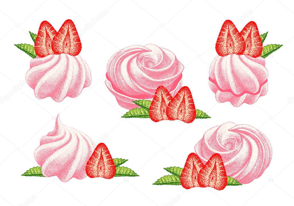 Strawberry cake set. Airy french meringue pink, marshmallow, zefir. Sweetness, sweet cake, dessert with strawberries flavor. Collection of hand drawn vector Illustrations. Colorful engraved sketch.