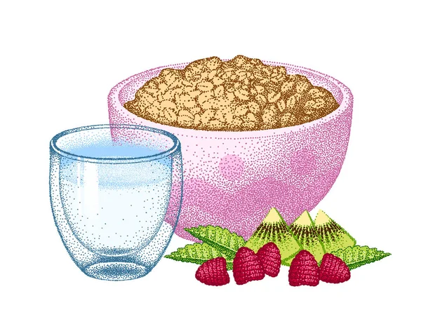 Müslijoghurt Haferkorn Schüssel Vorhanden Haferflocken Gesundes Frühstück Haferbrei Und Saure — Stockvektor