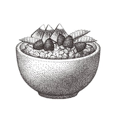 Kivili granola, ahududu, nane yaprağı. Meyveli, meyveli ve yulaf lapalı sağlıklı kahvaltı. Mısır gevreği, müsli gevreği. Vektör çizimi. Gerçekçi çizim.