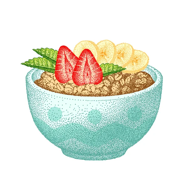 Granola Bowl Banana Strawberry Mint Leaves Oatmeal Healthy Breakfast Fruits — Stok Vektör