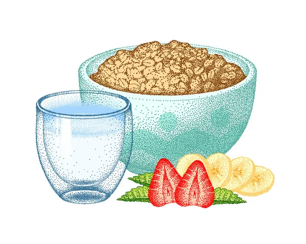 Yogur Granola Grano Avena Tazón Con Fresas Plátano Hojas Menta — Archivo Imágenes Vectoriales