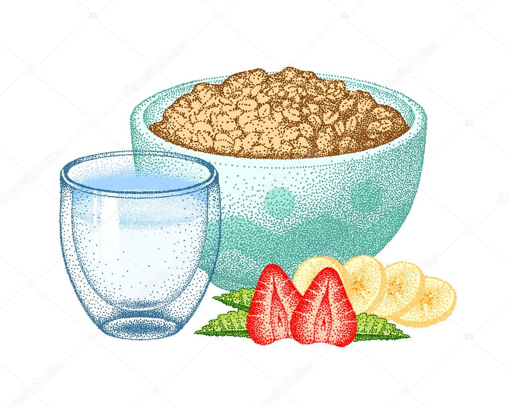 Granola yogurt. Oat grain in bowl with strawberries, banana, mint leaves. Oatmeal healthy breakfast with fruits. Porridge and sour milk drink in glass. Muesli flakes. Vector realistic sketch.