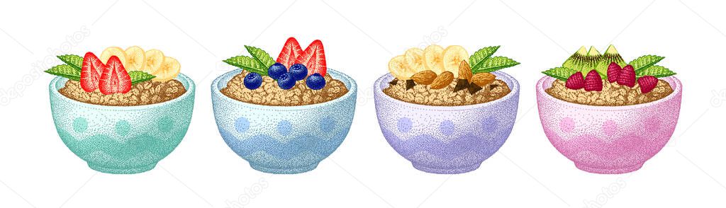 Granola in bowl set. Fruits, berry and nuts with mint leaves. Oatmeal healthy breakfast, oat grain porridge. Cereal food, muesli flakes. Vector colorful sketch. Collection realistic illustrations.
