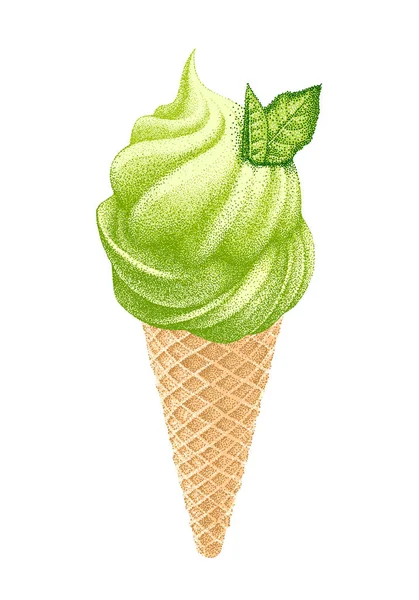 Matcha Ice Cream Green Cool Dessert Waffle Cup Tea Leaves - Stok Vektor