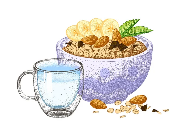 Healthy Breakfast Banana Almond Nuts Chocolate Oatmeal Porridge Milk Yogurt —  Vetores de Stock