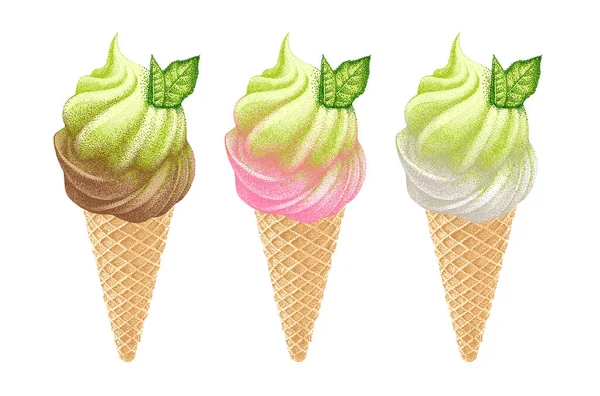 Set Matcha Flavored Ice Cream Soft Serve Sundae Green Sweet — Stock Vector