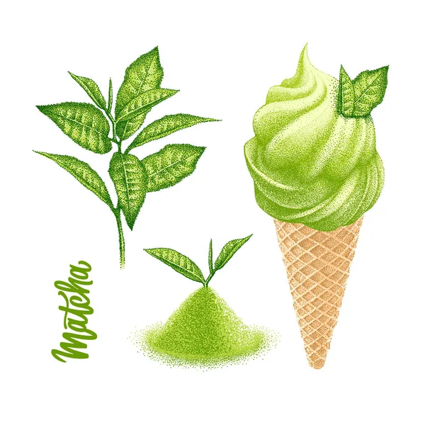 Matcha Ice Cream Set Powder Green Tea Leaves Soft Cool — Stockový vektor