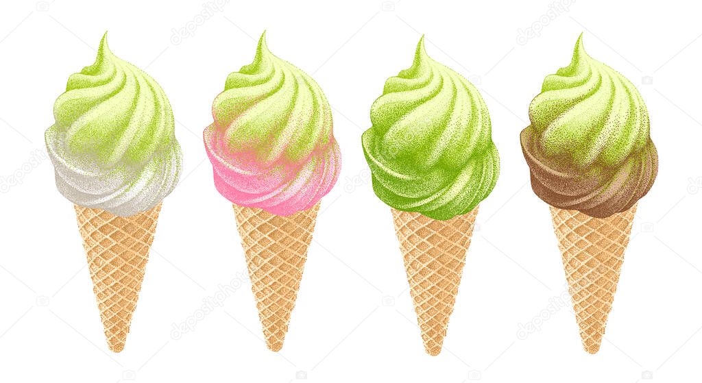 Set of matcha flavored ice cream and soft serve sundae. Green sweet cool dessert in waffle cup with tea leaves. Green tea flavor, organic natural ingredient. Vector sketch, hand-drawn illustration.