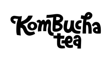 Kombucha vektör el yazısı, orijinal hat yazısı. Sağlıklı mayalanmış probiyotik çay. Süper yiyecek içeceği. Logo, baskı, ambalaj ve etiket için şablon tasarımı. Beyaz arkaplanda izole.
