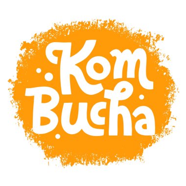 Kombucha vektör el yazısı, orijinal hat yazısı. Sağlıklı mayalanmış probiyotik çay. Süper yiyecek içeceği. Logo, baskı, ambalaj ve etiket için şablon tasarımı. Beyaz arkaplanda izole.