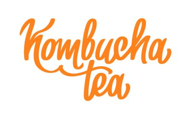 Kombucha vektör el yazısı, orijinal hat yazısı. Sağlıklı mayalanmış probiyotik çay. Süper yiyecek içeceği. Logo, baskı, ambalaj ve etiket için şablon tasarımı. Beyaz arkaplanda izole.