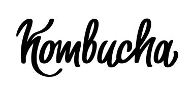 Kombucha vektör el yazısı, orijinal hat yazısı. Sağlıklı mayalanmış probiyotik çay. Süper yiyecek içeceği. Logo, baskı, ambalaj ve etiket için şablon tasarımı. Beyaz arkaplanda izole.