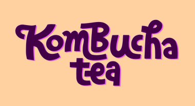 Kombucha vektör el yazısı, orijinal hat yazısı. Sağlıklı mayalanmış probiyotik çay. Süper yiyecek içeceği. Logo, baskı, ambalaj ve etiket için şablon tasarımı. Beyaz arkaplanda izole.