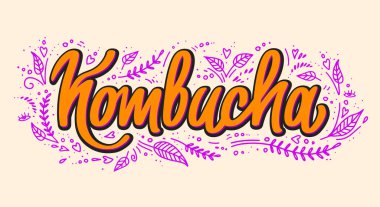 Kombucha vektör el yazısı, orijinal hat yazısı. Sağlıklı mayalanmış probiyotik çay. Süper yiyecek içeceği. Logo, baskı, ambalaj ve etiket için şablon tasarımı. Beyaz arkaplanda izole.