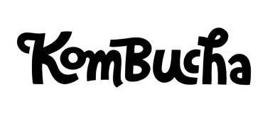 Kombucha vektör el yazısı, orijinal hat yazısı. Sağlıklı mayalanmış probiyotik çay. Süper yiyecek içeceği. Logo, baskı, ambalaj ve etiket için şablon tasarımı. Beyaz arkaplanda izole.