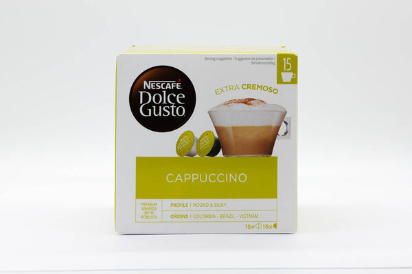 Irvine, Scotland, UK - September, 29, 2021: One box of Nescafe Dolce-Gusto branded Cappuccino coffee pods in recyclable packaging