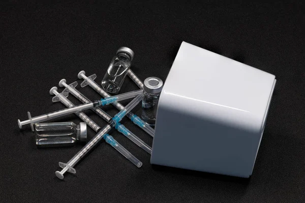 Medical Equipment Includes Syringes Hypodermic Needles Safety Caps Vials Containing — Stok fotoğraf