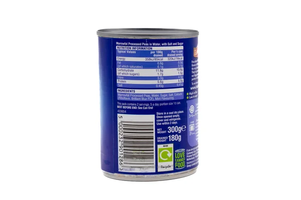 2022年8月20日イギリス スコットランド アーバイン リサイクル可能な錫缶と紙ラベルにマーロー脂肪エンドウ豆のブランド学士号栄養を表示私の形成と成分 — ストック写真