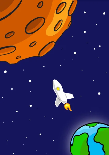 "Rocket Flying Through Outer Space". From Earth to Red Planet — стоковый вектор