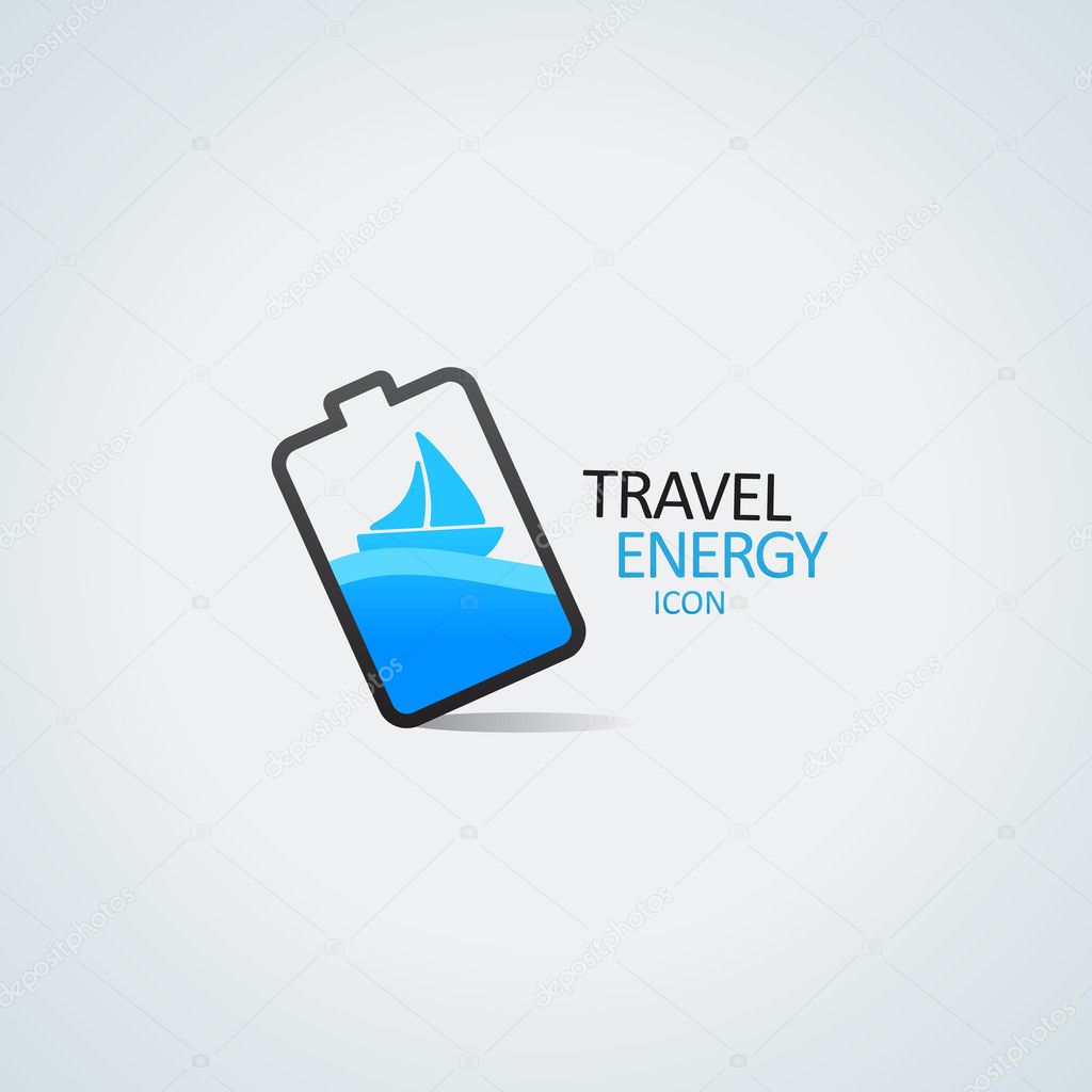 Travel energy icon and logo template for your design. Yacht in the battery vector illustration