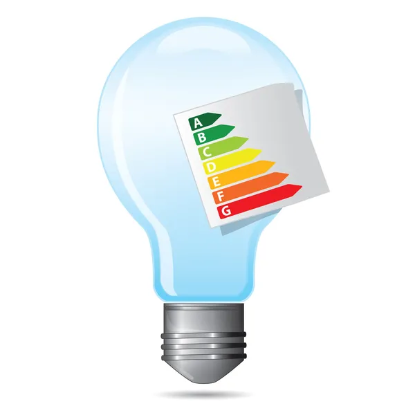 Energiesparkonzept, Glühbirne mit Energieausweis — Stockvektor