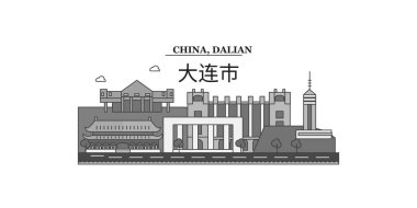 China, Dalian city isolated skyline vector illustration, travel landmark