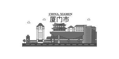 China, Xiamen city isolated skyline vector illustration, travel landmark