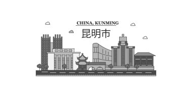 China, Kunming city isolated skyline vector illustration, travel landmark