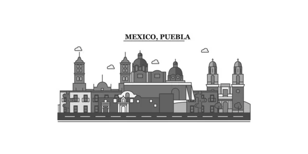 Mexico Puebla City Isolated Skyline Vector Illustration Travel Landmark — Vector de stock