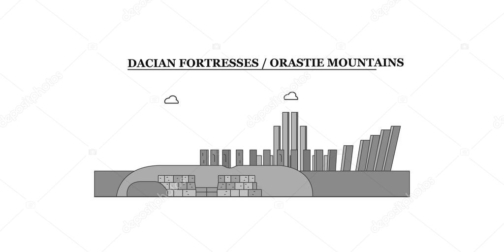 Romania, Dacian Fortresses, Orastie Mountains city isolated skyline vector illustration, travel landmark
