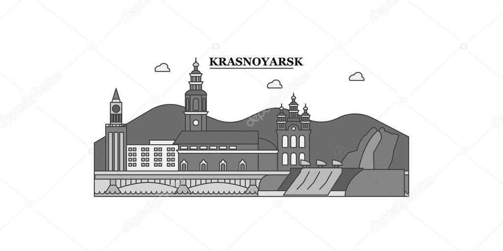 Russia, Krasnoyarsk city isolated skyline vector illustration, travel landmark