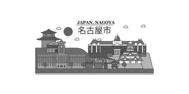 Japan, Nagoya city isolated skyline vector illustration, travel landmark