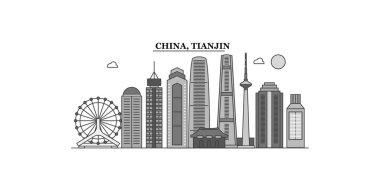 China, Tianjin city isolated skyline vector illustration, travel landmark