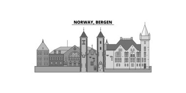 Norway, Bergen city isolated skyline vector illustration, travel landmark