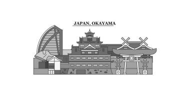 Japan, Okayama city isolated skyline vector illustration, travel landmark