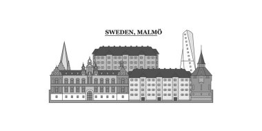 Sweden, Malmo city isolated skyline vector illustration, travel landmark