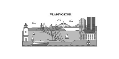 Russia, Vladivostok city isolated skyline vector illustration, travel landmark